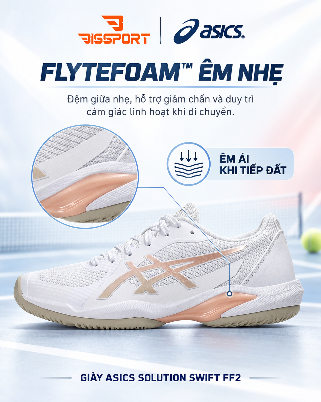 Giày Pickleball/Tennis ASICS SOLUTION SWIFT FF 2 Trắng Vàng Be Chính Hãng - Êm Ái, Ổn Định - Giảm Chấn - Siêu Bền